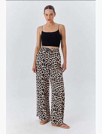 Pantalon large taille haute à imprimé léopard mixray