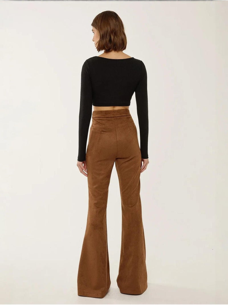 Pantalon large taille haute en daim avec pinces hiccup Marron - Kiabi