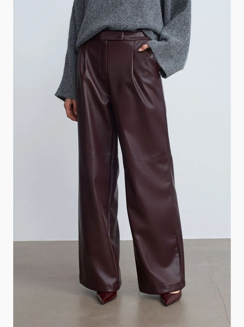 Pantalon large taille haute en simili cuir dilvin Rouge bordeaux - Kiabi