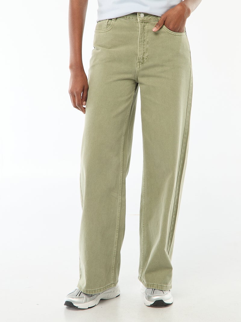 Pantalon large taille haute femme en twill Vert - Kiabi