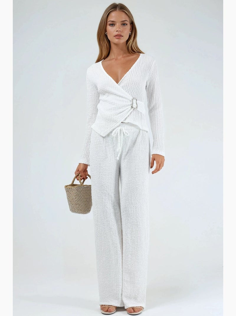 Pantalon large texturé à taille coulissée busem Blanc - Kiabi