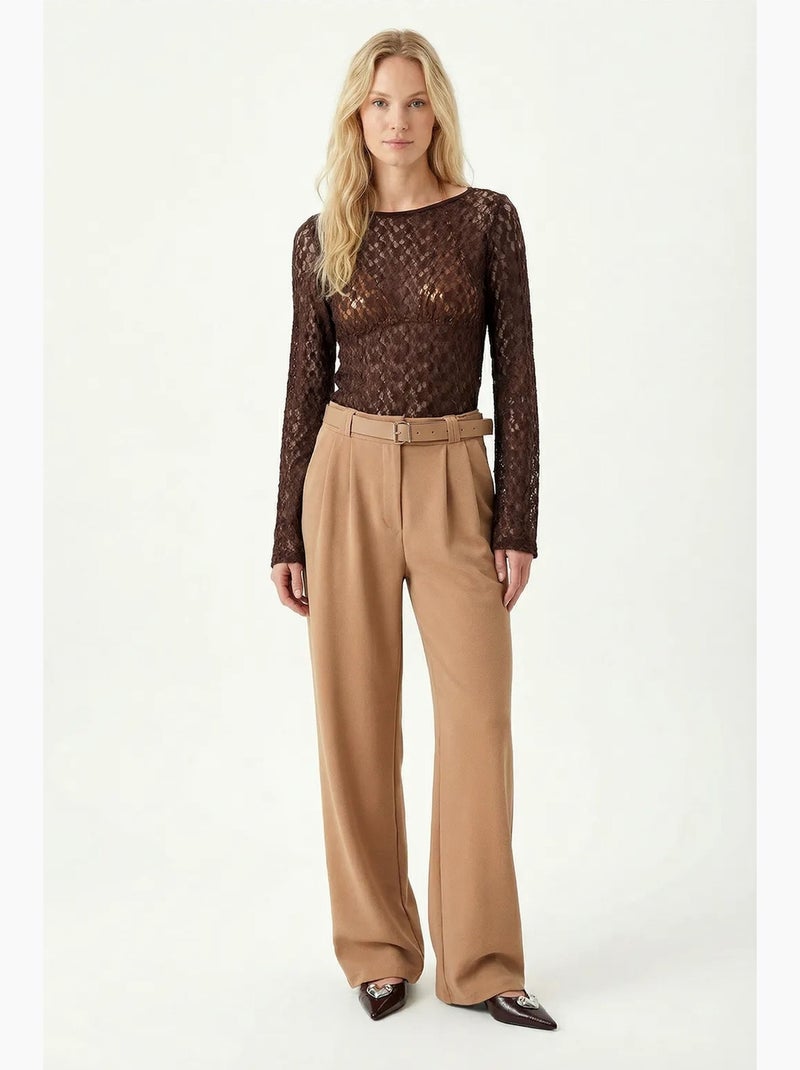 Pantalon large texturé taille haute avec boucle istanbul Beige clair - Kiabi