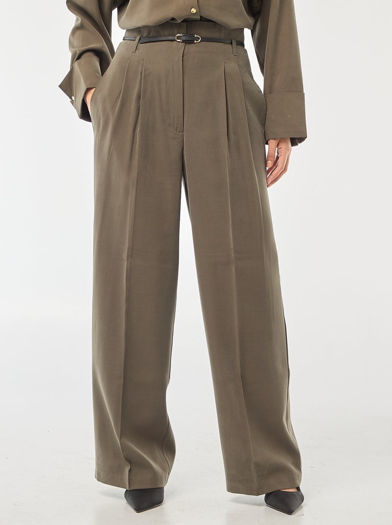 Pantalon léger femme à coupe large et taille haute Kaki - Kiabi