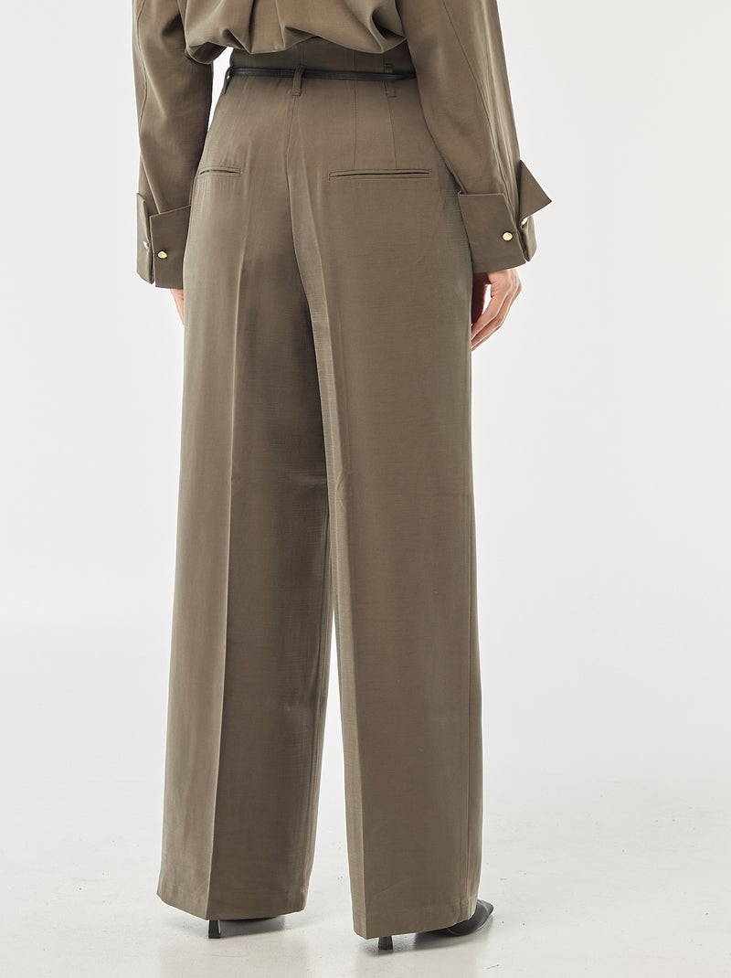 Pantalon léger femme à coupe large et taille haute Kaki - Kiabi
