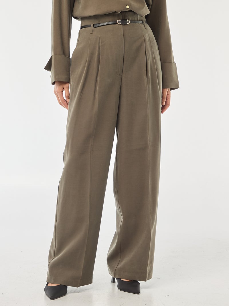Pantalon léger femme à coupe large et taille haute Kaki - Kiabi