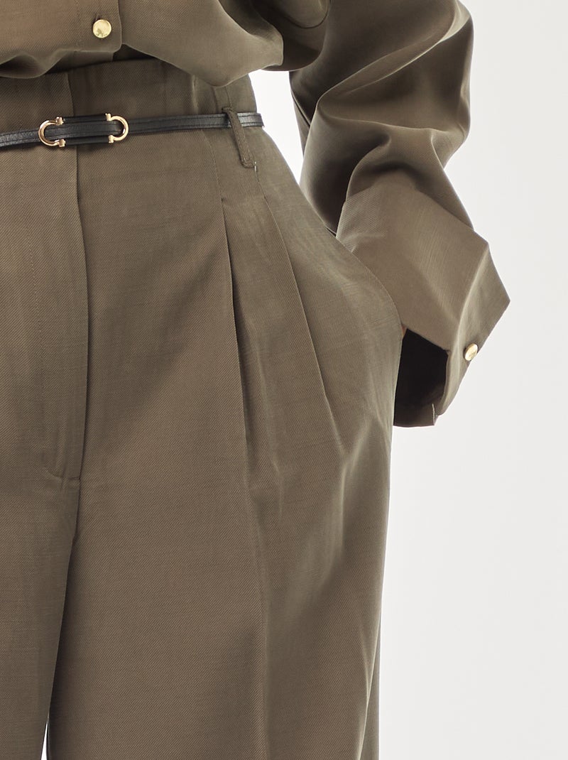 Pantalon léger femme à coupe large et taille haute Kaki - Kiabi
