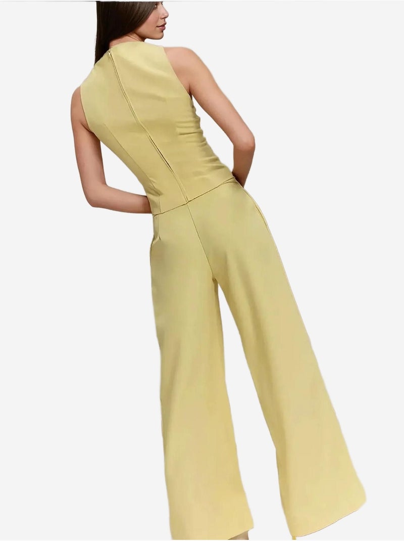 Pantalon long à jambes larges plissées Jaune - Kiabi