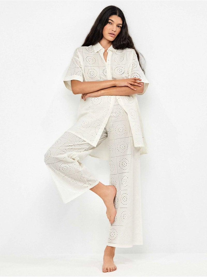 Pantalon long large en tissu brodé Ecru - Kiabi
