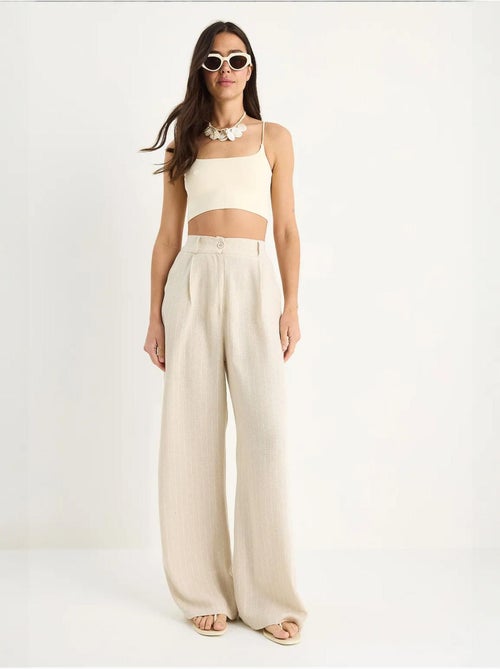 Pantalon palazzo en lin à fines rayures et poches lucci - Kiabi Pantalon palazzo en lin à fines rayures et poches lucci - Kiabi