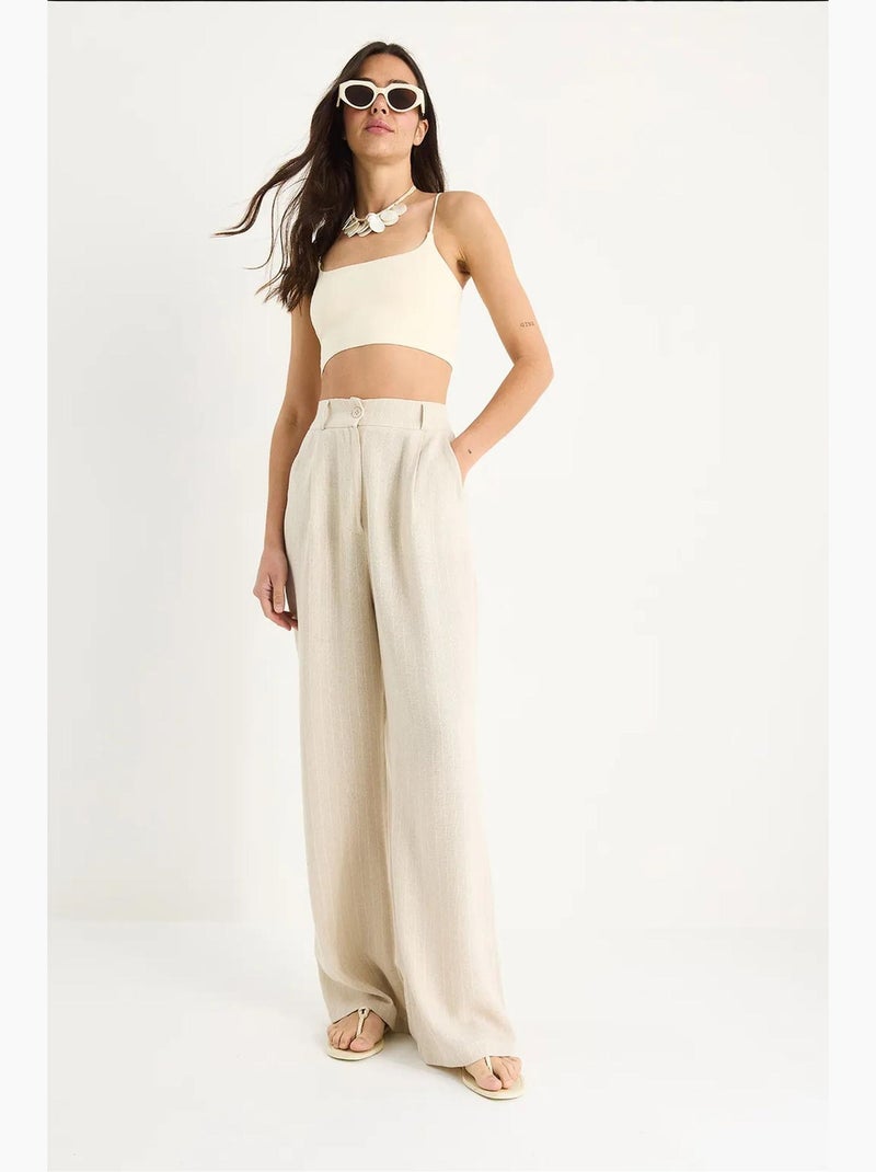 Pantalon palazzo en lin à fines rayures et poches lucci Beige argile - Kiabi