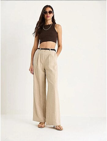 Pantalon palazzo en lin avec ceinture en paille et détails de poche lucci
