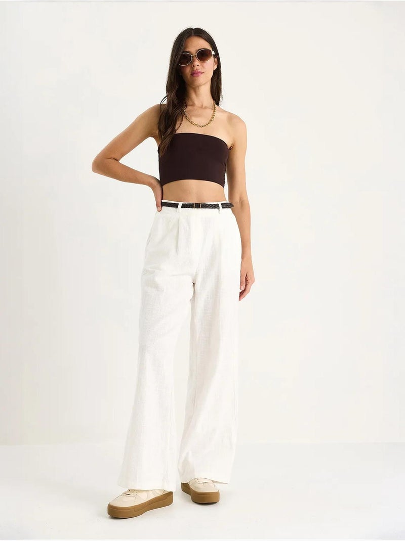 Pantalon palazzo en lin avec ceinture en paille et détails de poche lucci Blanc - Kiabi