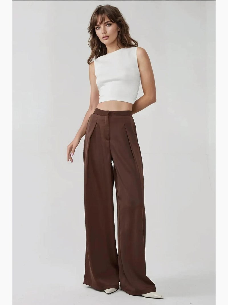 Pantalon palazzo en satin à taille haute et jambes larges hiccup Marron - Kiabi