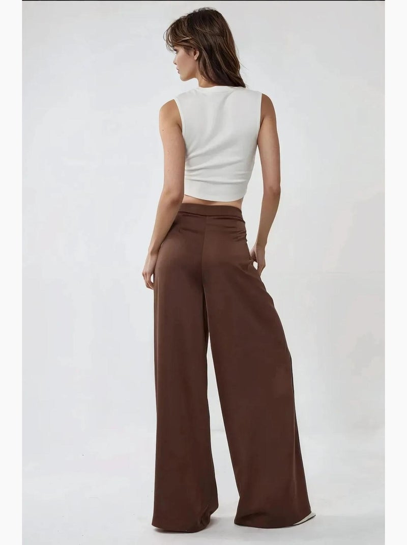 Pantalon palazzo en satin à taille haute et jambes larges hiccup Marron - Kiabi