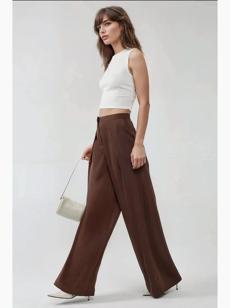 Pantalon palazzo en satin à taille haute et jambes larges hiccup Marron - Kiabi
