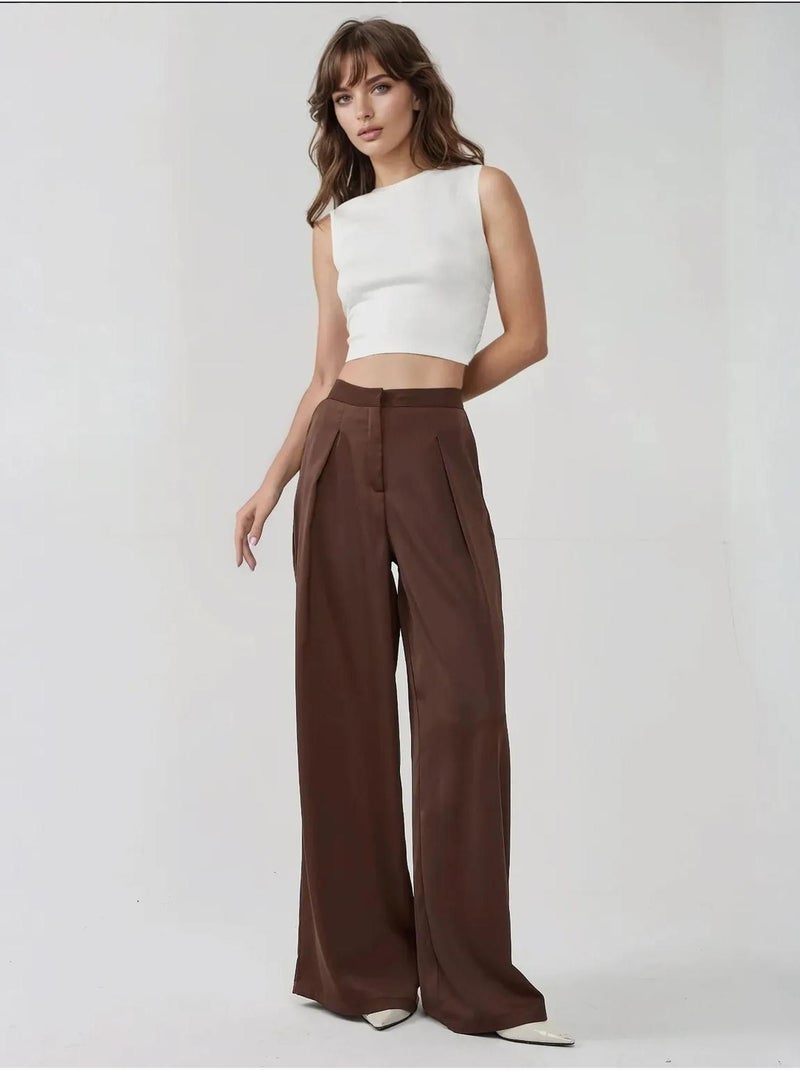 Pantalon Palazzo en satin à taille haute et jambes larges Marron - Kiabi