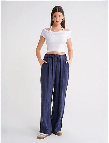 Pantalon palazzo plissé taille haute avec cordon de serrage mixray