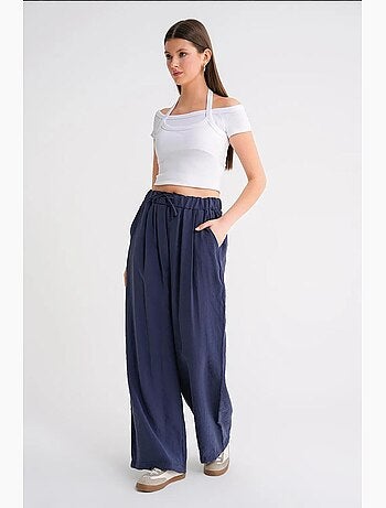 Pantalon palazzo plissé taille haute avec cordon de serrage mixray