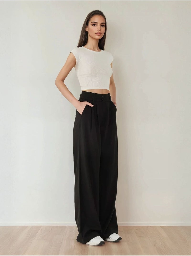 Pantalon Palazzo plissé taille haute Noir - Kiabi