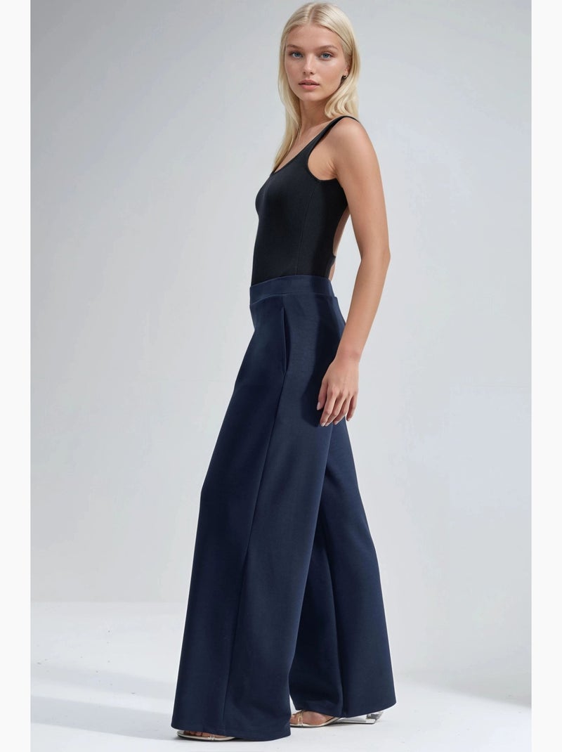 Pantalon palazzo taille haute avec élastique busem Bleu marine - Kiabi