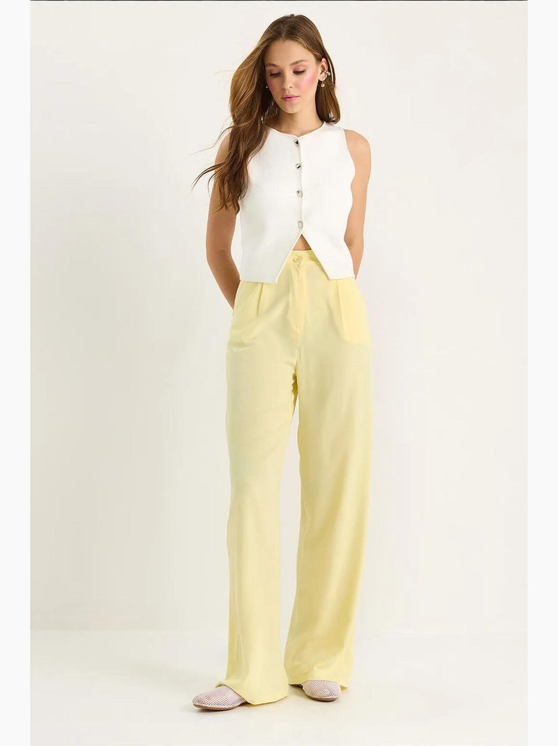 Pantalon palazzo taille haute avec fermeture à boutons lucci Jaune citron - Kiabi