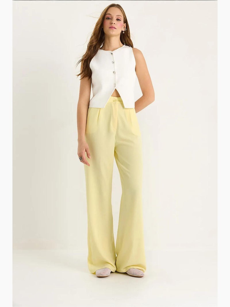 Pantalon palazzo taille haute avec fermeture à boutons lucci Jaune citron - Kiabi
