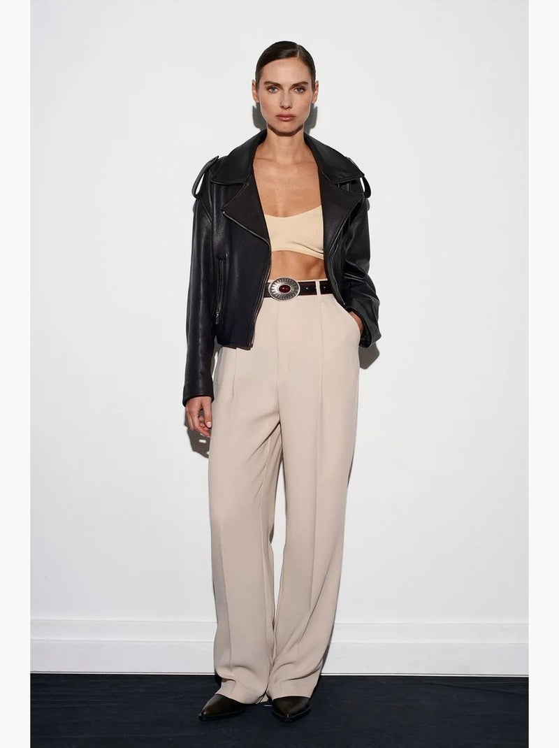 Pantalon palazzo taille haute en crêpe dilvin Beige argile - Kiabi