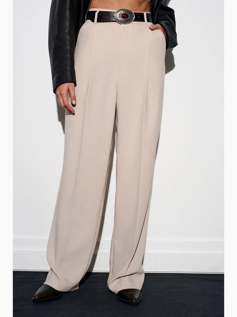 Pantalon palazzo taille haute en crêpe dilvin Beige argile - Kiabi