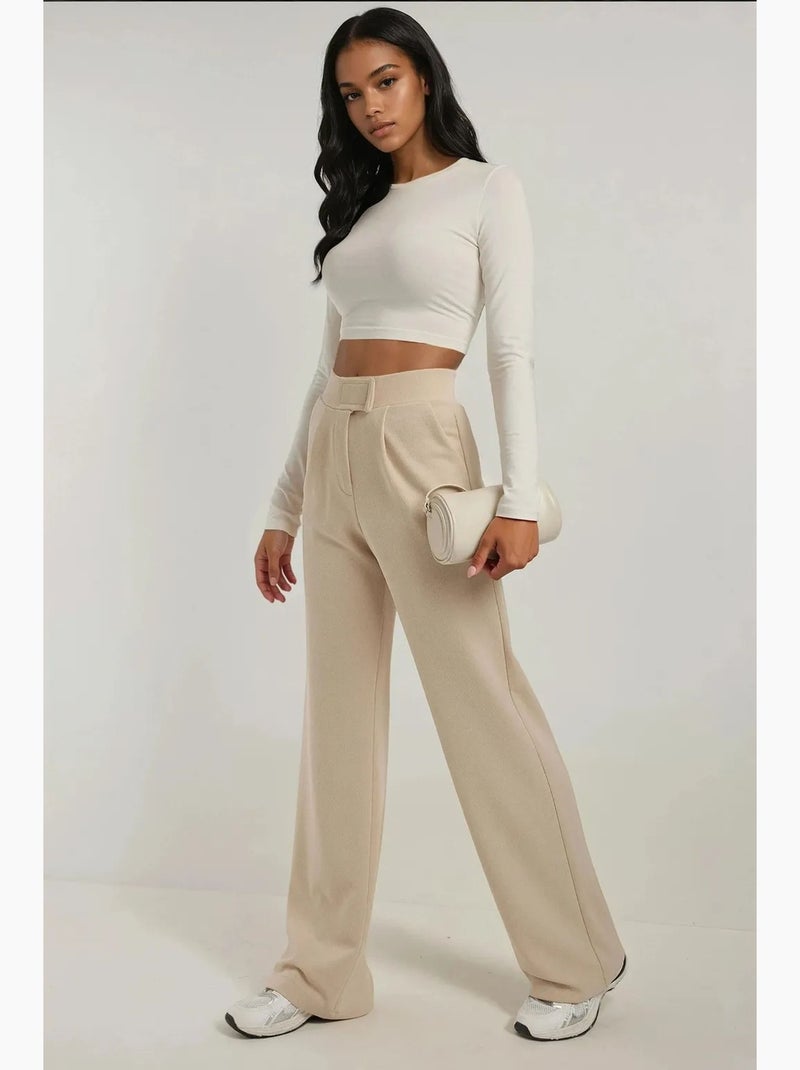 Pantalon palazzo taille haute en crêpe élastique hiccup Beige argile - Kiabi