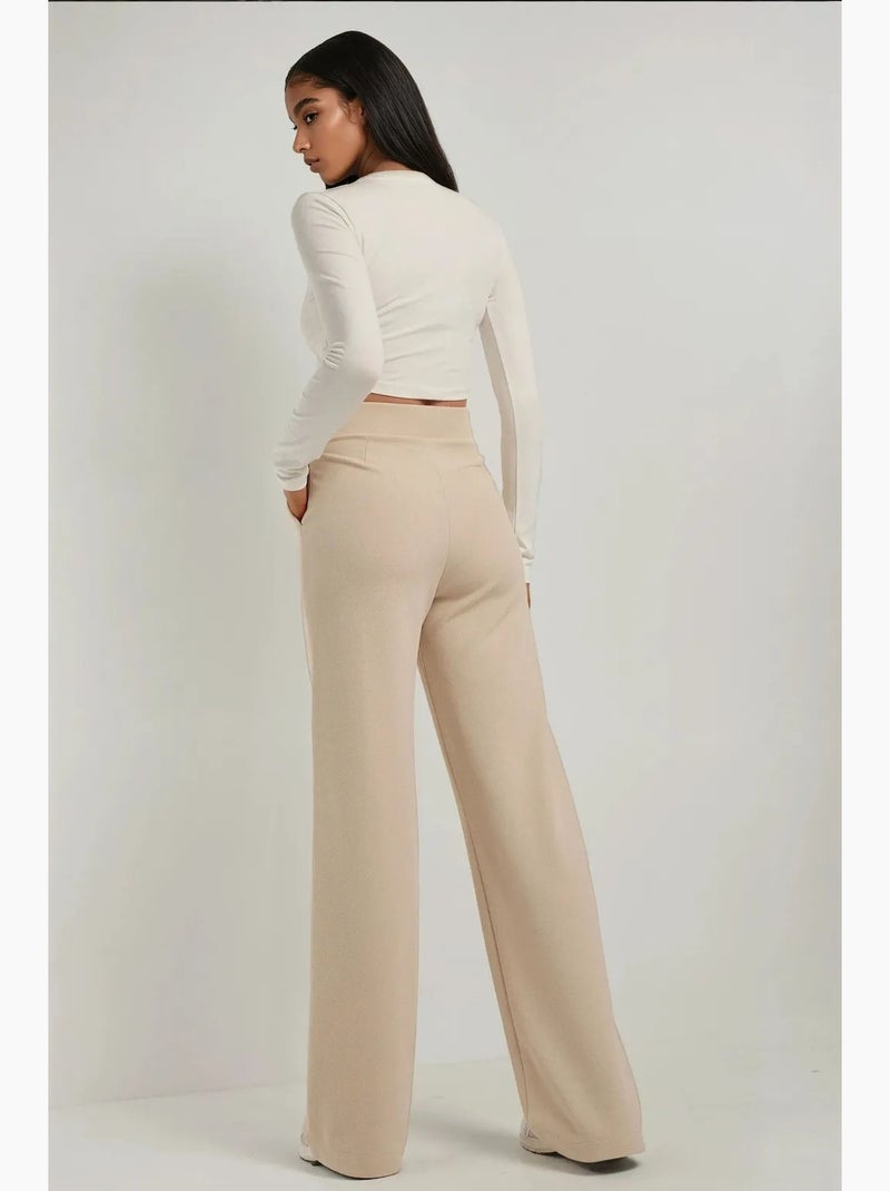Pantalon palazzo taille haute en crêpe élastique hiccup Beige argile - Kiabi