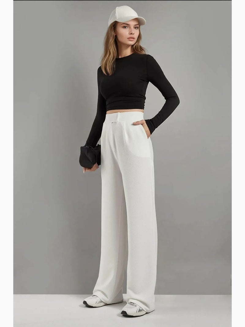 Pantalon palazzo taille haute en crêpe élastique hiccup Blanc - Kiabi