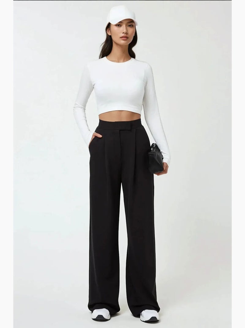 Pantalon palazzo taille haute en crêpe élastique hiccup Noir - Kiabi