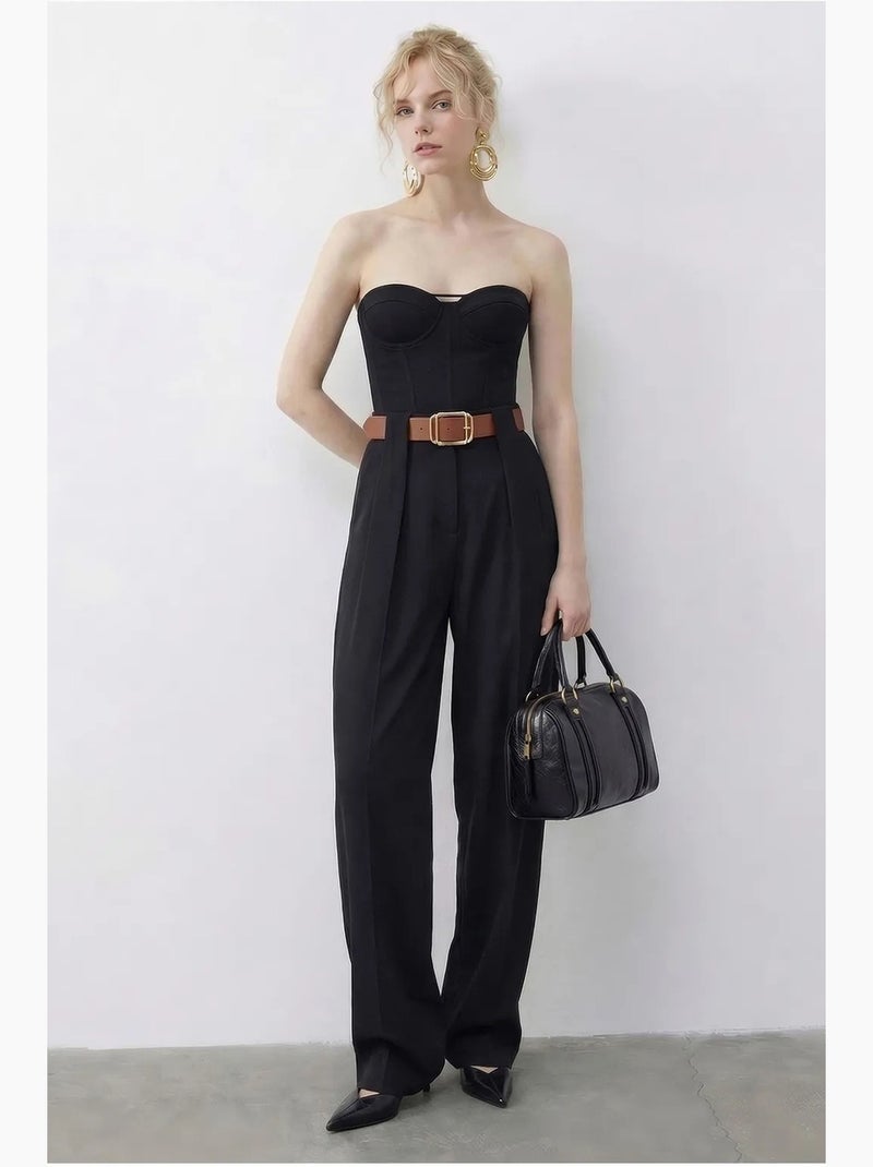 Pantalon palazzo taille haute jambes larges avec ceinture lucci Noir - Kiabi