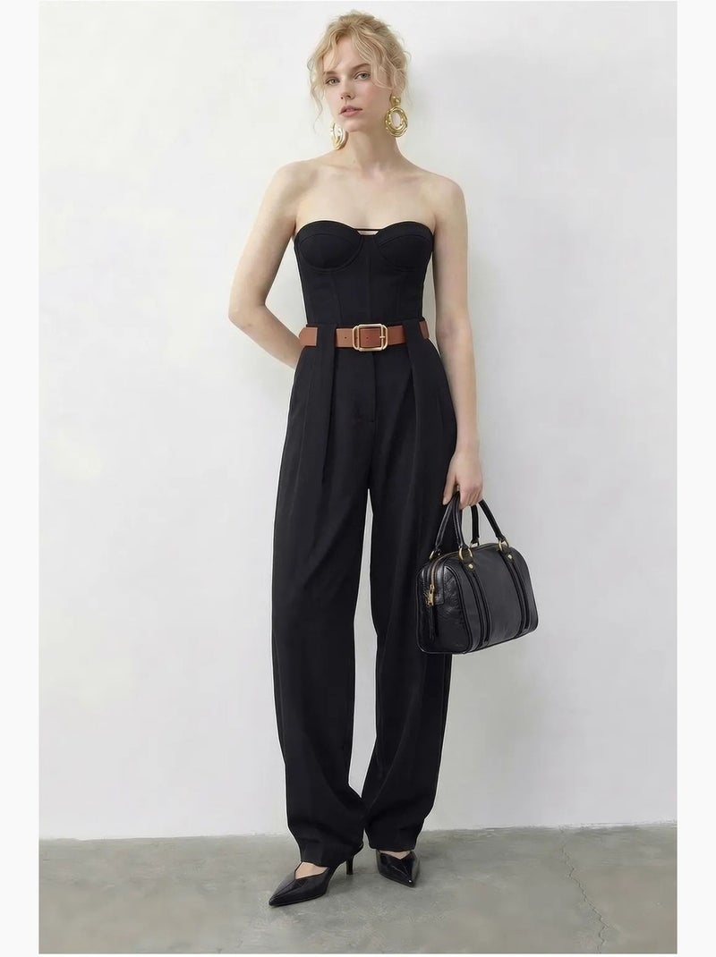 Pantalon palazzo taille haute jambes larges avec ceinture lucci Noir - Kiabi
