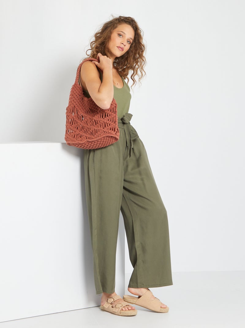 Pantalon paper bag large fluide Kaki - Kiabi