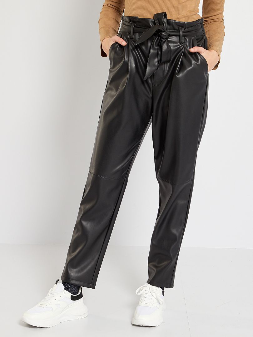 Pantalon paperbag en simili noir - Kiabi
