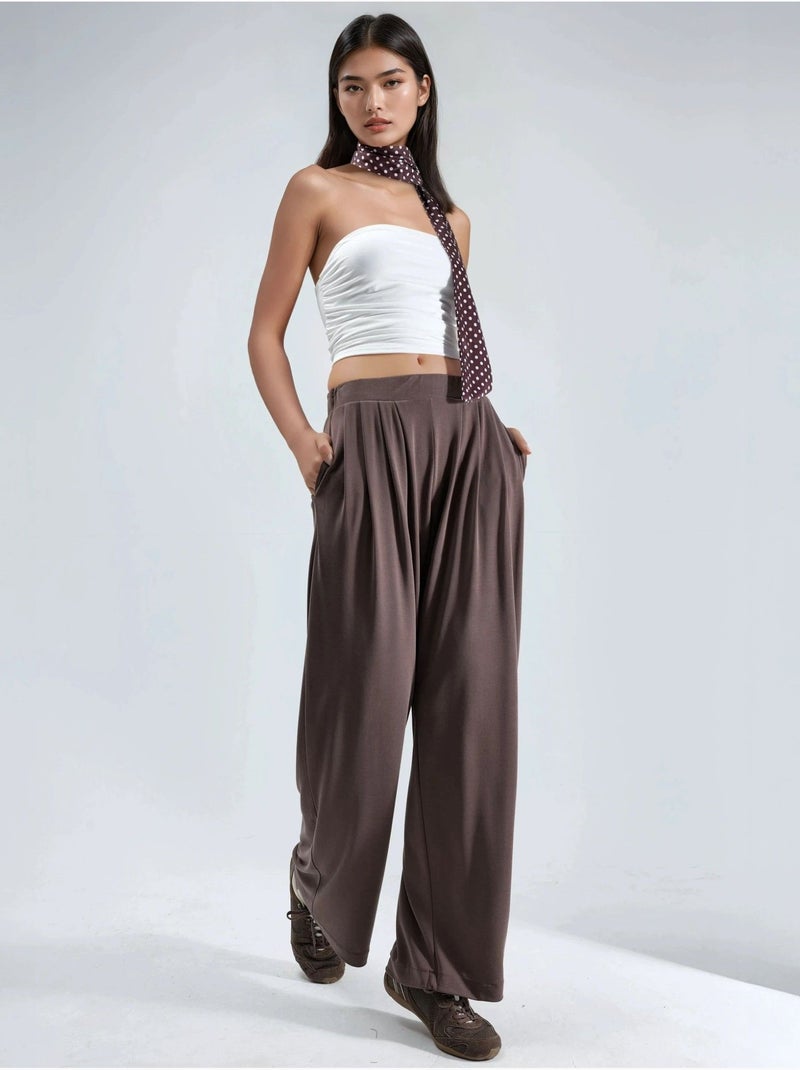 Pantalon plissé taille haute à jambes larges busem Marron clair - Kiabi