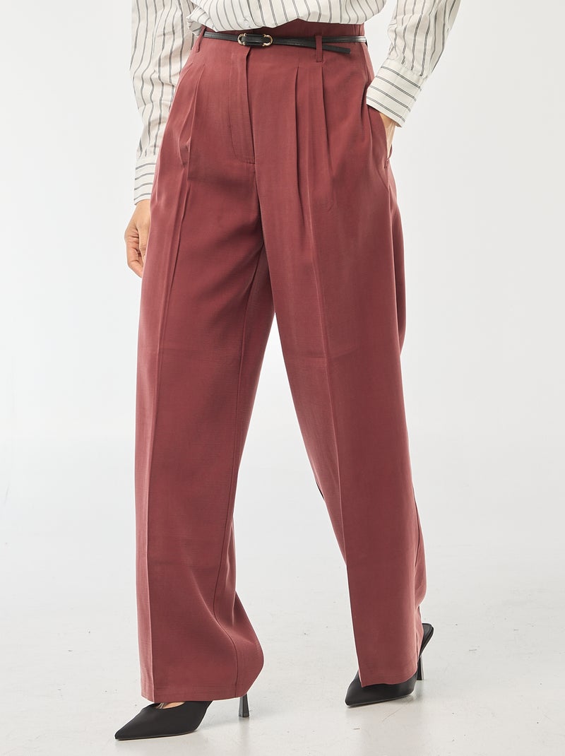 Pantalon pour femme en tissu léger à coupe large et taille haute Bordeaux - Kiabi