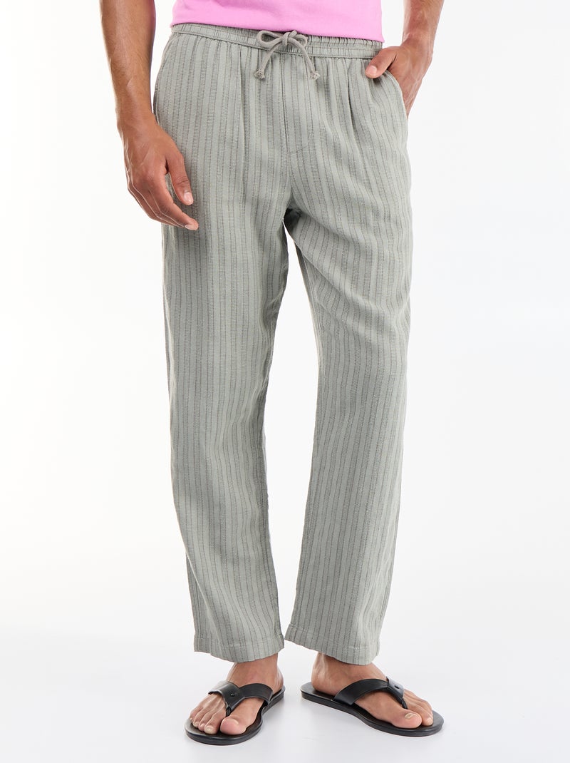 Pantalon rayé en lin mélangé Vert - Kiabi