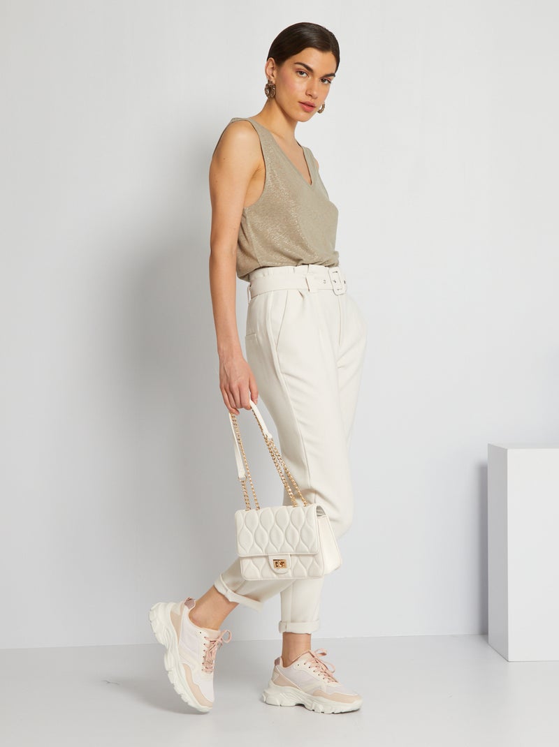 Pantalon regular taille haute + ceinture Blanc cassé - Kiabi