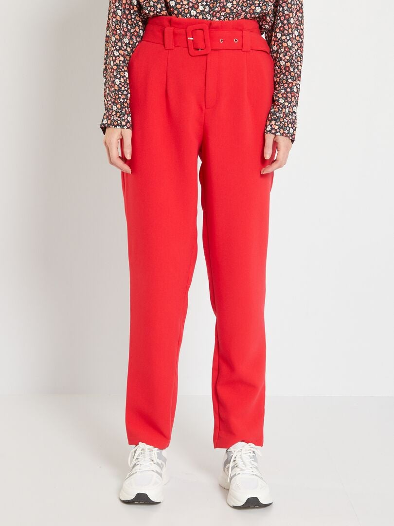 Pantalon regular taille haute + ceinture Rouge - Kiabi
