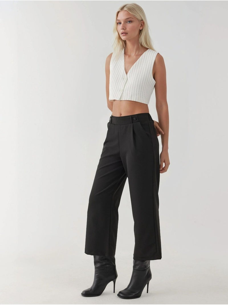 Pantalon taille haute à boutons Noir - Kiabi