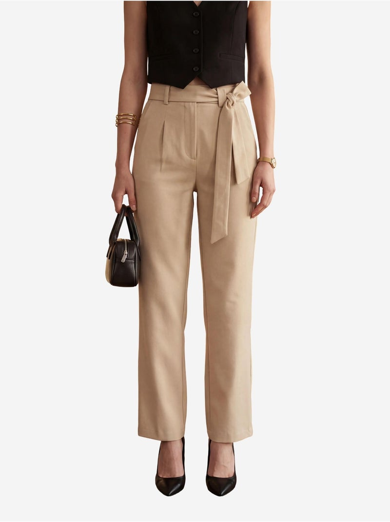 Pantalon taille haute à jambes larges et ceinture my fashion Beige argile - Kiabi