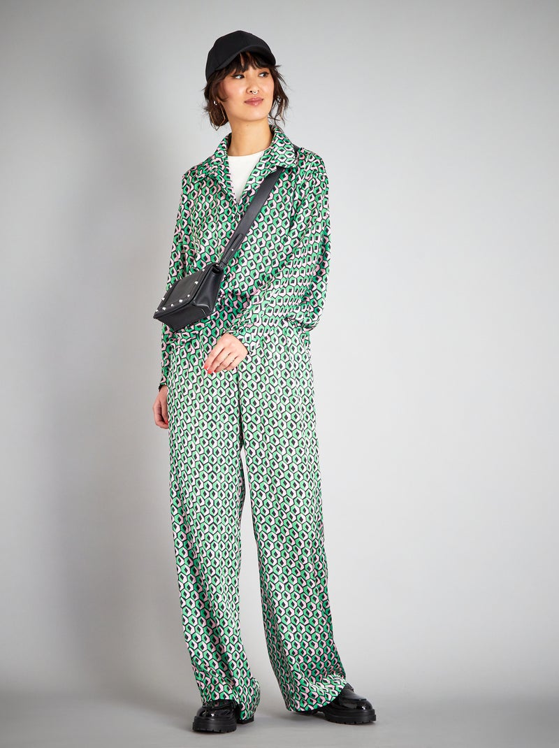 Pantalon taille haute en satin Vert - Kiabi
