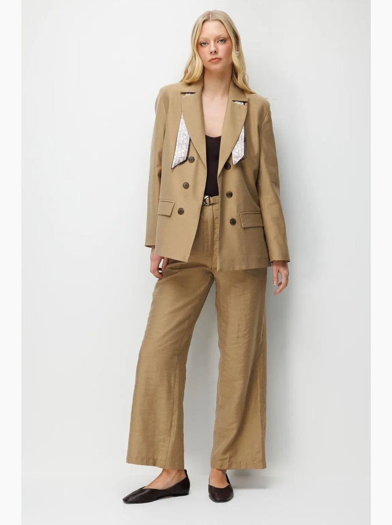Pantalon taille haute texturé à jambes larges et ceinture mixray Grège - Kiabi