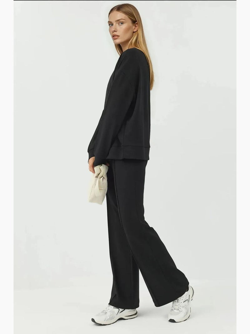 Pantalon texturé taille haute à jambes larges hiccup Noir - Kiabi