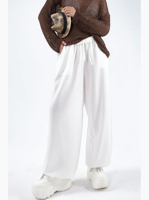 Pantalon tissé à jambe large avec taille à cordon de serrage busem - Kiabi