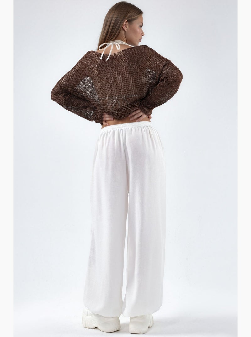Pantalon tissé à jambe large avec taille à cordon de serrage busem Blanc - Kiabi