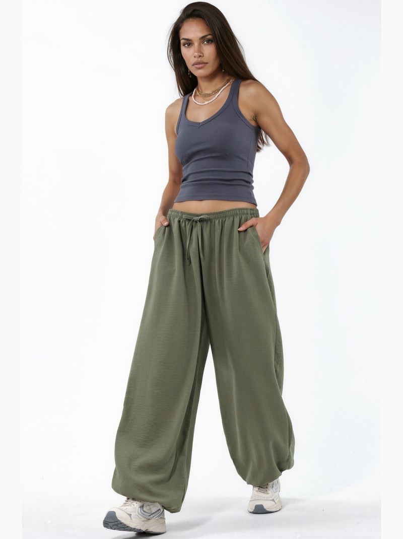 Pantalon tissé à jambe large avec taille à cordon de serrage busem Vert - Kiabi