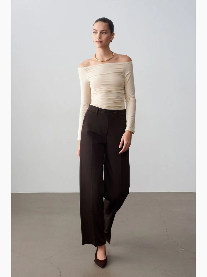 Pantalon tissé à jambes larges, taille mi-haute dilvin Marron foncé - Kiabi